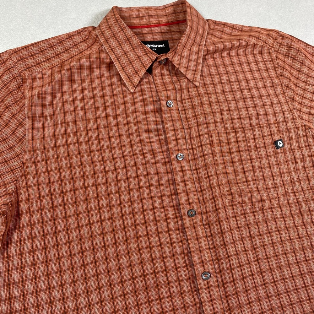 Marmot Mens Orange Plaid Short Sleeve Button Down Hiking Shirt Size L SCC-85